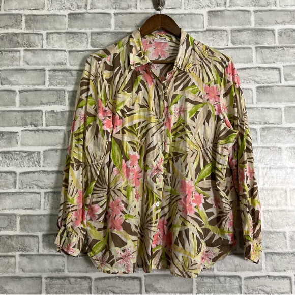 J. Jill Green Yellow Lightweight Linen Tropical Palm Print Button Front Blouse M - Picture 1 of 7